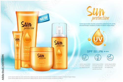 Sun care cream tube, bottle, spray. Sun protection cosmetic products. 3D illustration. Vector mock up
