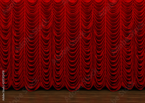 3d rendering. Long red luxury curtains hanging on the wood stage.
