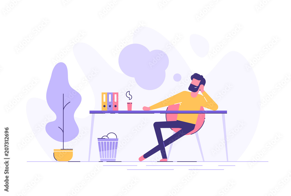 Obraz premium Business man is relaxing and dreaming about something at his work place. Modern office interior. Business concept. Vector illustration.