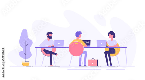 Coworking space with creative people sitting at the table. Business team working together at the big desk using laptops. Flat design style vector illustration.