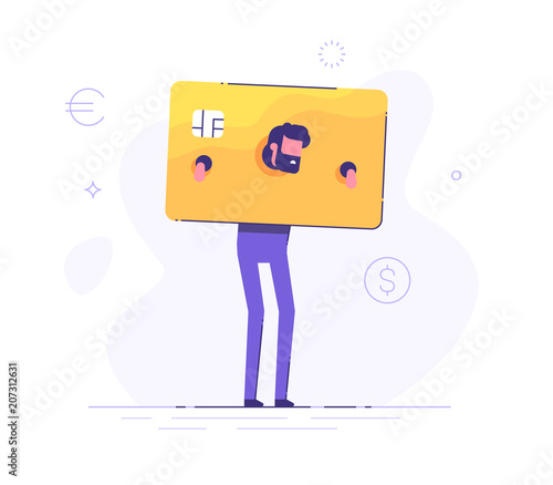 The upset businessman is standing and shackled in fetters in the form of a credit card. Concept of squander  and credit slavery. Vector illustration.