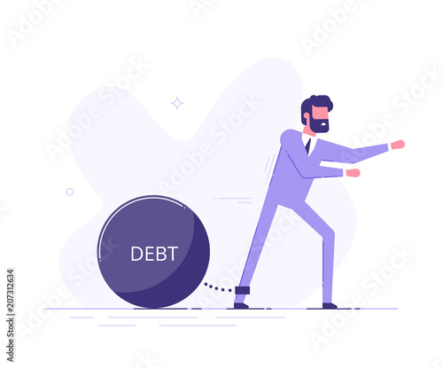 Businessman trying to go with a huge weight of debt chained to his leg. Credit slavery concept. Flat style vector illustration.