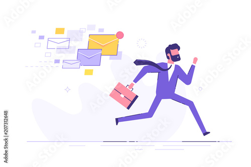 A frightened businessman is running away from a plenty emails chasing him. Modern character design. Vector illustration.