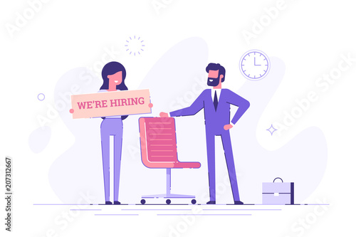 Businessman and woman are hiring new staff. Head hunters. Vacant place in an office. Flat vector illustration.