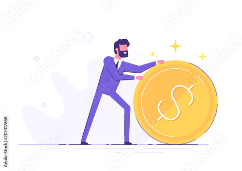 Handsome positive businessman is rolling a huge golden dollar coin. Earning, saving and investing money concept. Flat vector illustration.