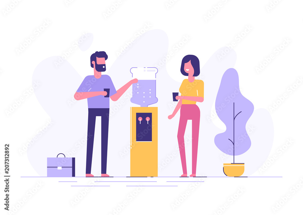 Office cooler chat. Vector flat character design on man and woman talking to each other near