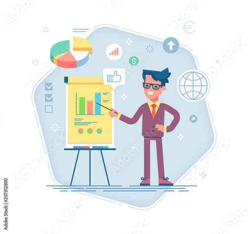 Confident young man standing near flip chart and pointing graph and diagram. Creative business concept. Vector illustration. Flat design