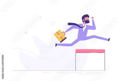 Confident businessman jumping over hurdle. Business concept of overcoming obstacles and achieving the goal. Vector illustration.
