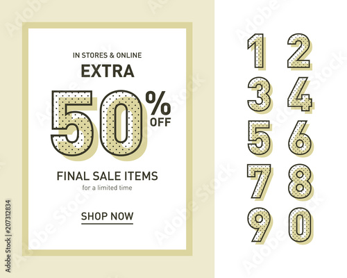 Vintage sales template for banner, flyer or leaflet with set of numerals. Neo memphis style. Vector.
