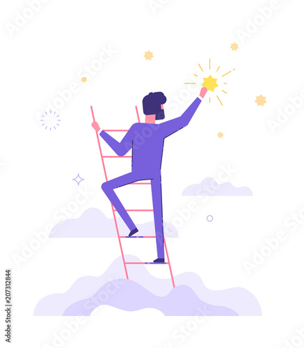 Businessman is standing on stairs and reaching star on the sky. Goals and dreams. Business and career concept. Flat vector illustration.