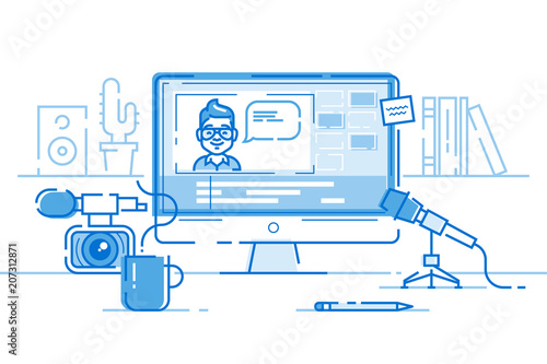 Workplace of blogger or video editor with monitor and interface of application for video editing process. Professional camera and microphone for recording. Cool modern vector illustration. Thin lines.