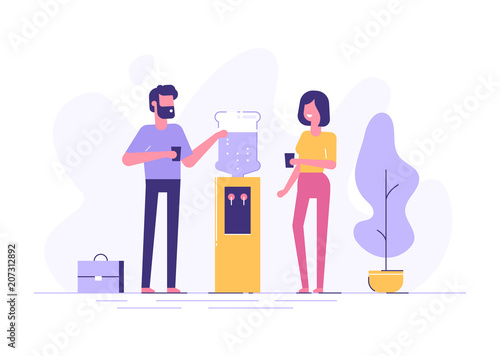 Office cooler chat. Vector flat character design on man and woman talking to each other near office water cooler.