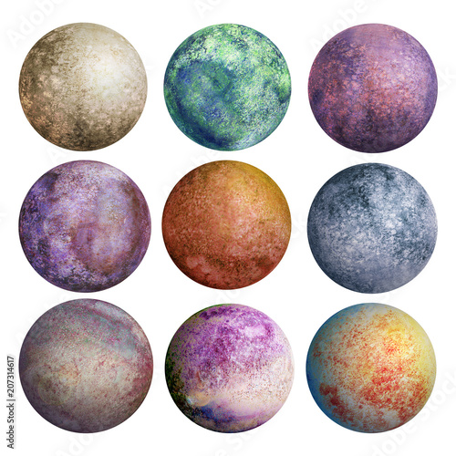 Colorful set of watercolor planets isolated