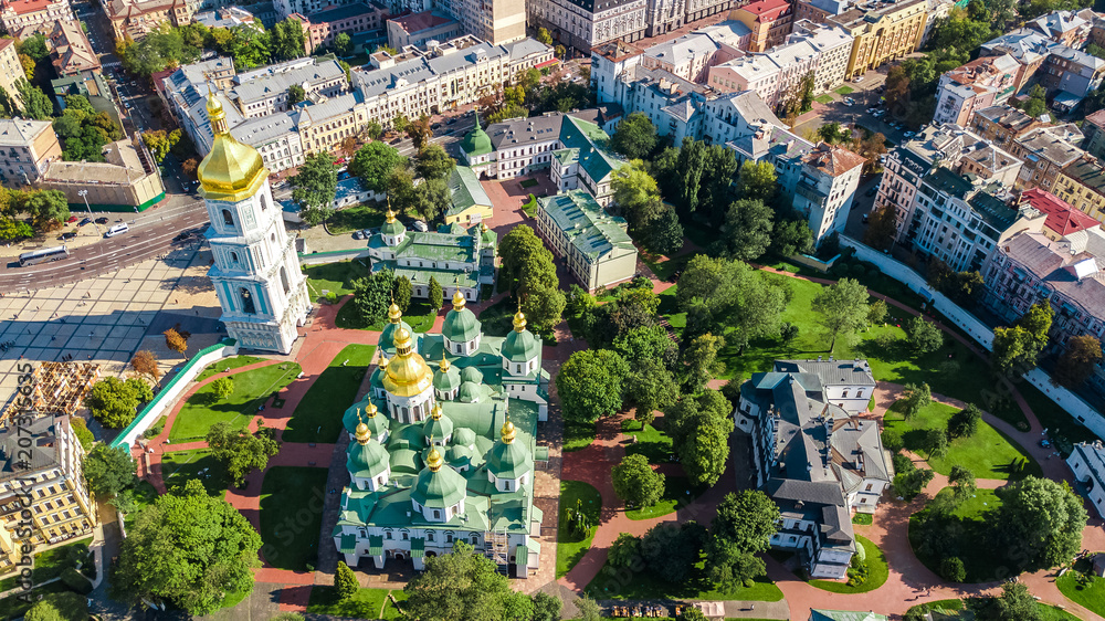 Aerial top view of St Sophia cathedral and Kiev city skyline from above, Kyiv cityscape, capital of Ukraine
