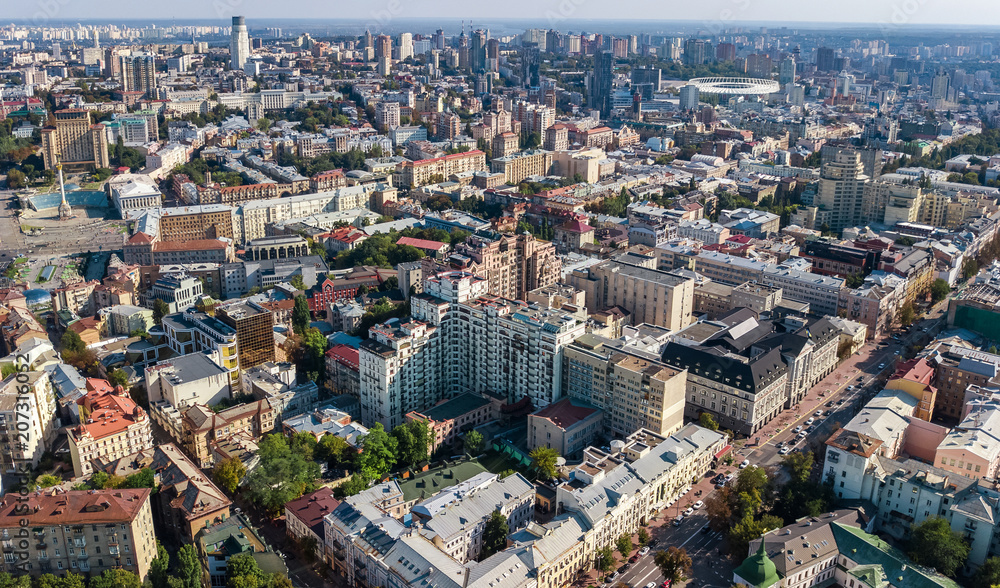 Obraz premium Aerial top view of Kiev city skyline from above, Kyiv center downtown cityscape, capital of Ukraine 