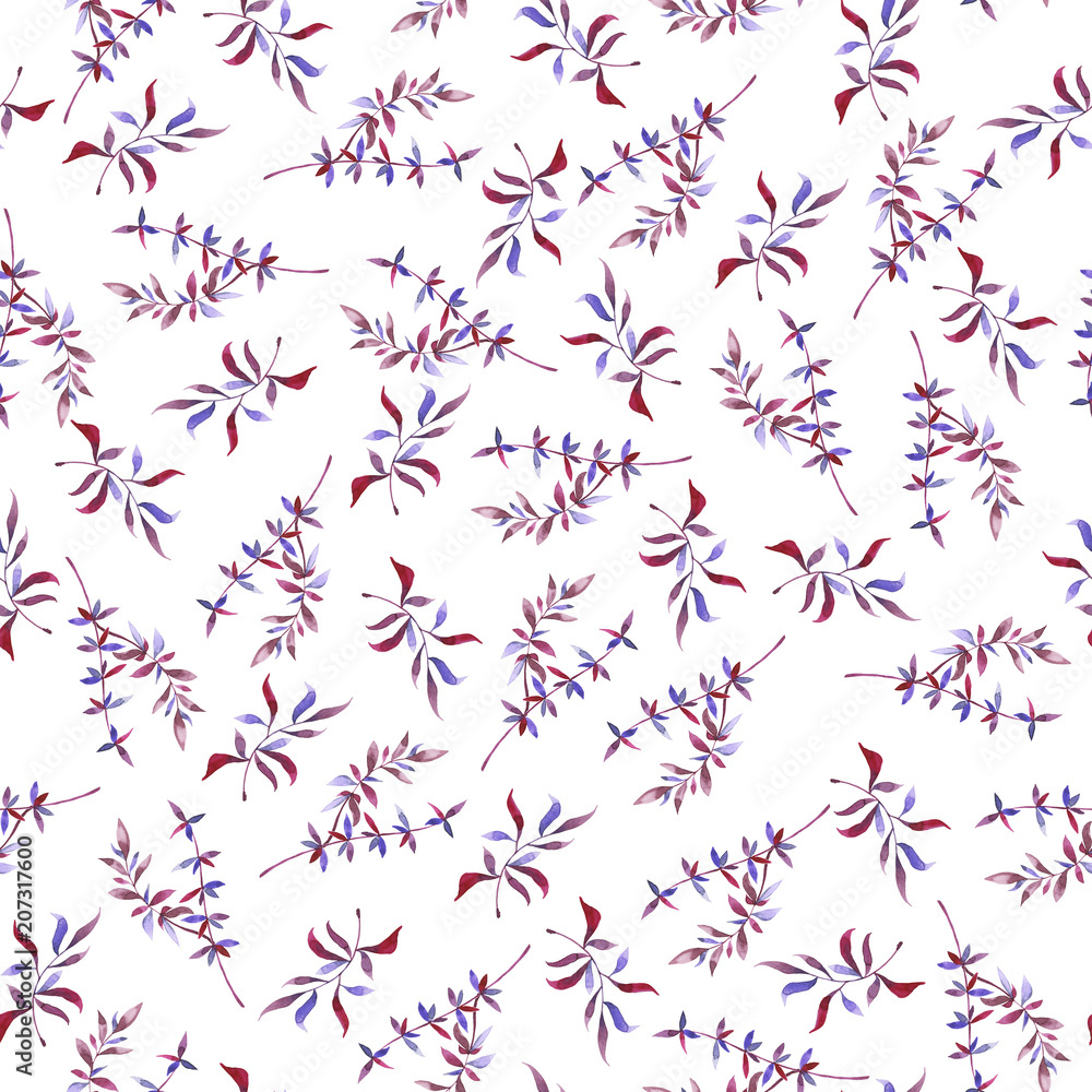 Seamless pattern with violet and purple branches on white background. Hand drawn watercolor illustration.
