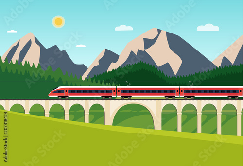 Train on railway and bridge with forest and mountains. Vector flat style illustration