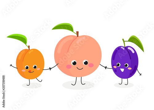 Vector illustration of cute cartoon peach, plum and apricot