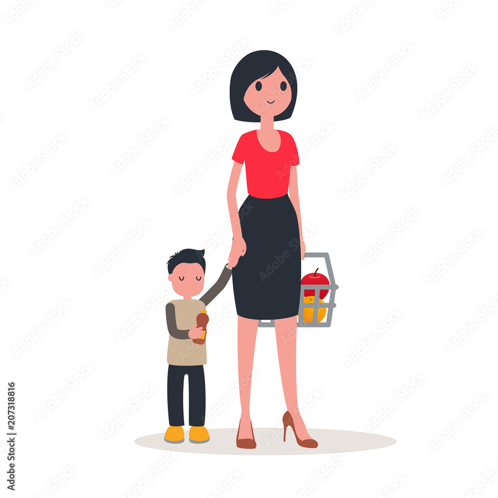 The family buys food. Flat style. Vector. The family buys food. Flat style. Vector.