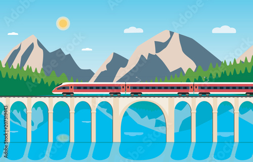 Train on railway and bridge with forest, mountains and river. Vector flat style illustration