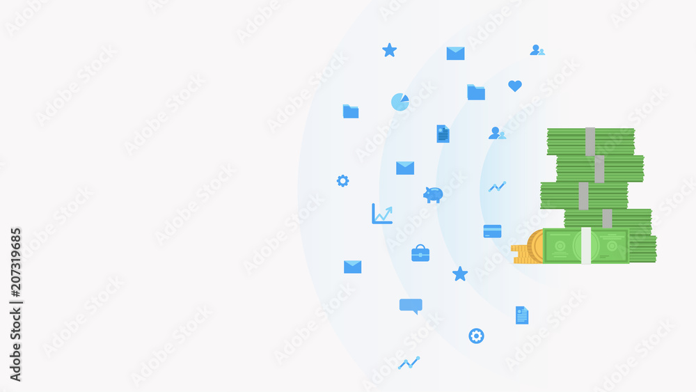 Vector illustration with piles of coins and money. Financial, business icons, pictograms Vector illustration with piles of coins and money. Financial, business icons, pictograms