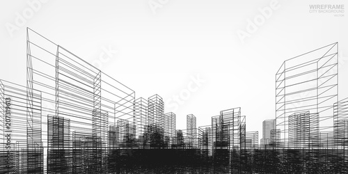 Perspective 3D render of building wireframe. Vector wireframe city background of buildings.