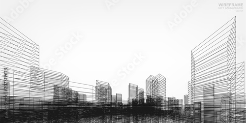 Perspective 3D render of building wireframe. Vector wireframe city background of buildings.