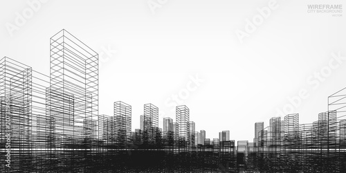 Perspective 3D render of building wireframe. Vector wireframe city background of buildings.