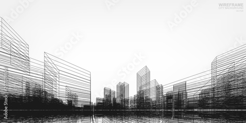 Perspective 3D render of building wireframe. Vector wireframe city background of buildings.