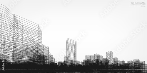 Perspective 3D render of building wireframe. Vector wireframe city background of buildings.