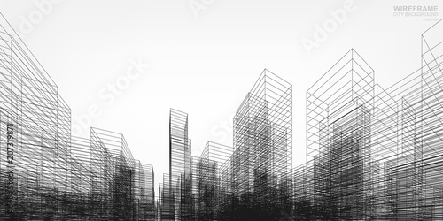 Perspective 3D render of building wireframe. Vector wireframe city background of buildings.