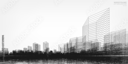 Perspective 3D render of building wireframe. Vector wireframe city background of buildings.