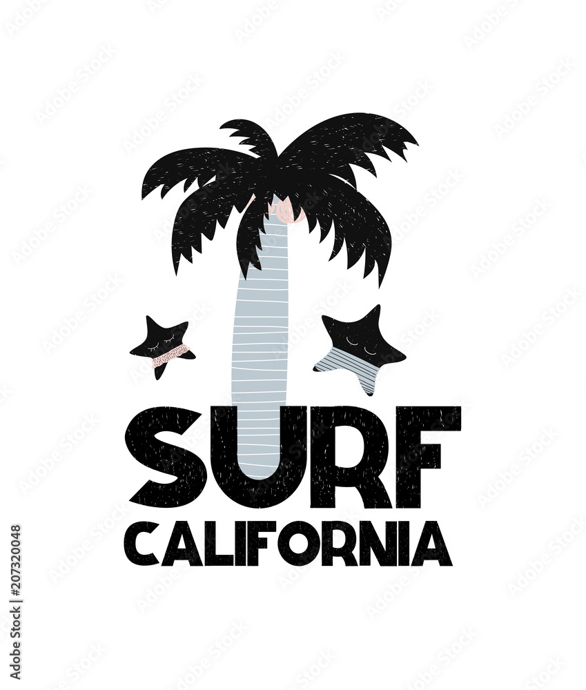 Card with lettering Surf California in Scandinavian style. Vector illustration