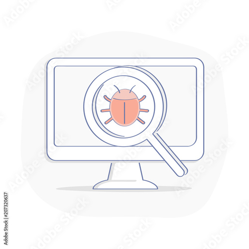 Computer bug find icon, error, bug or scam detected, thread, malware scan with magnifier. Cute beetle under observation through a magnifying glass on computer display