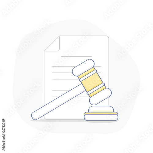 Hammer for auction and contract. Legal proceedings, bargaining, bidding, court, attorney, law and justice icon concept, Lawyer. Flat outline juridical vector illustration on white background.