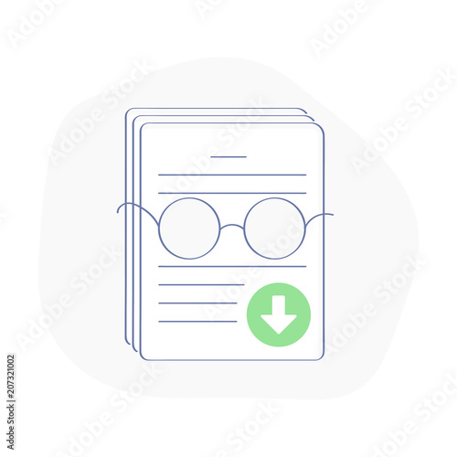 Document for the study, WhitePaper sign. A stack of documents, report with glasses, investment document, company strategy, brief, development product plan