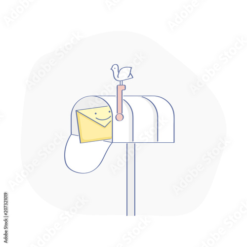 Mail box. Open mail box with new email, inbox mail with happy cute fun letter, envelope. Flat outline vector illustration concept.