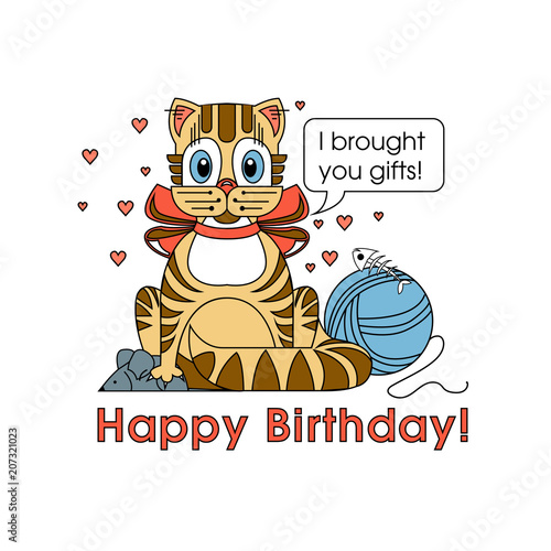 Happy Birthday card for cat lover. Several cats sitting on grass and meowing Happy Birthday to You .