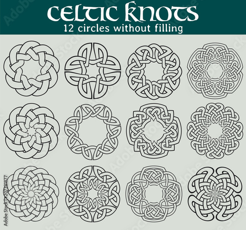 Celtic knots, circles without filling. Set of 12 circles with celtic patterns to use in tattoos or designs.