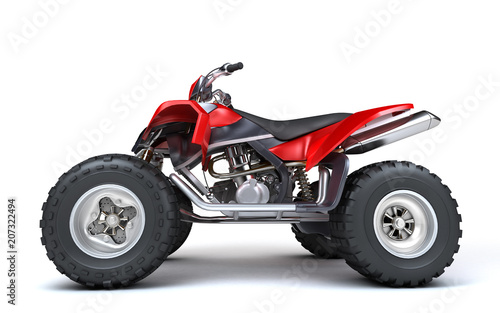 Side view of powerful red ATV quadbike isolated on white background. Perspective. 3D render.