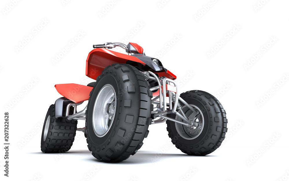 Massive concept. Powerful red ATV quadbike isolated on white background. Perspective. Bottom view. 3D render. Massive concept. Powerful red ATV quadbike isolated on white background. Perspective. Bottom view. 3D render.