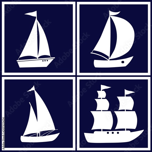 Four images with white cartoon boats