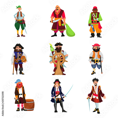 Pirate vector piratic character buccaneer man in pirating costume in hat with sword illustration set of piracy sailor person isolated on white background photo