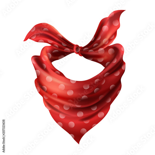 Vector 3d realistic silk red neck scarf. Fabric cloth of dotted neckerchief. Scarlet bandana, outerwear of western cowboy. Unisex accessory isolated on white background
