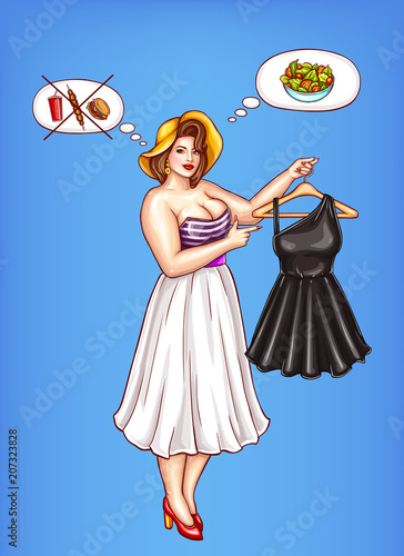 Vector pop art overweight fat woman holds and points at hanger with little black dress. Diet, healthy eating concept. Ad poster, banner with fatty girl wants to be slim