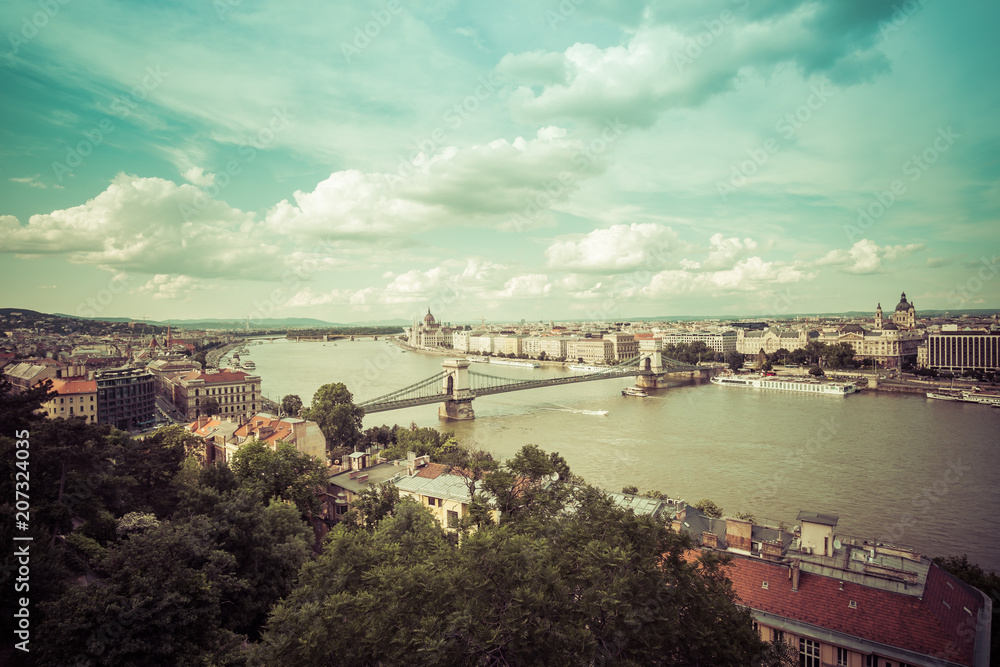Stunning view on the Danube promenade, Parliament and chain bridge in Budapest 