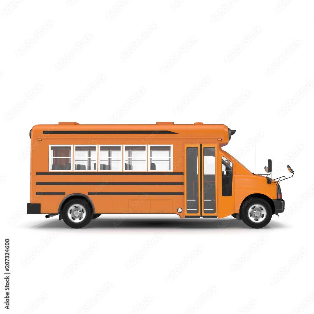 Traditional yellow small schoolbus isolated on white. 3D illustration