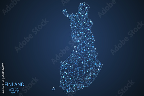A map of Finland consisting of 3D triangles, lines, points, and connections. Vector illustration of the EPS 10.