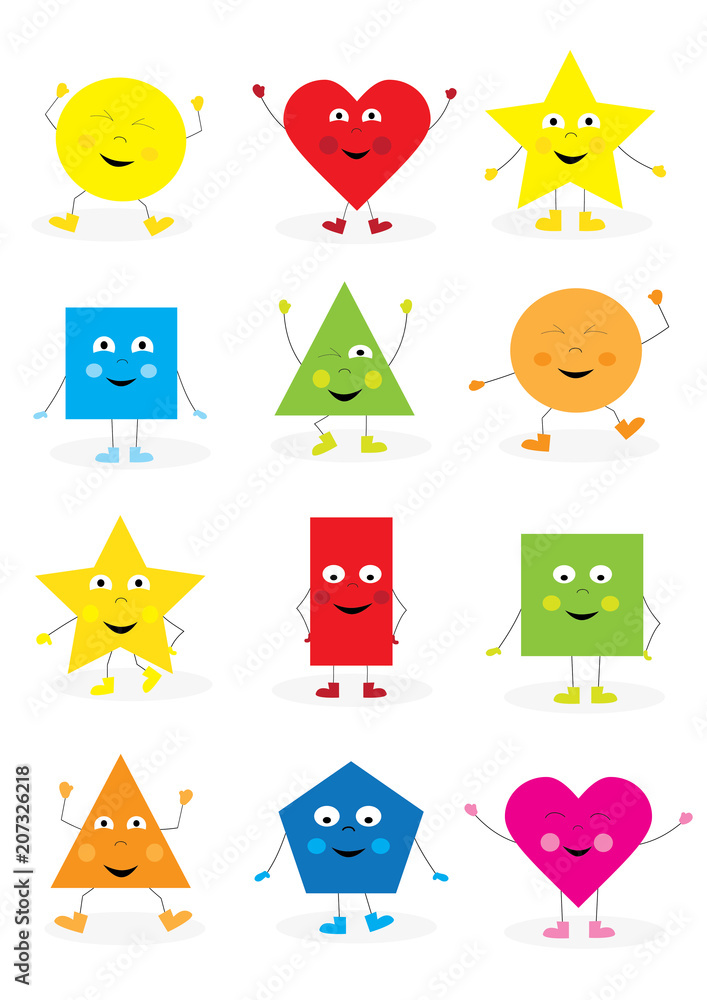 collection of smiling, happy cartoon geometric shapes / educational set of basic shapes for children, on white background