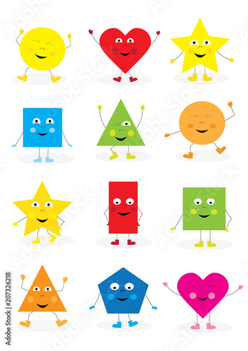 Obraz na płótnie collection of smiling, happy cartoon geometric shapes / educational set of basic shapes for children, on white background w salonie